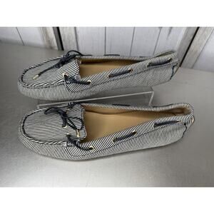 Talbots Boat Shoes Loafer Navy & White Striped Canvas & Leather Trim Sz 8.5